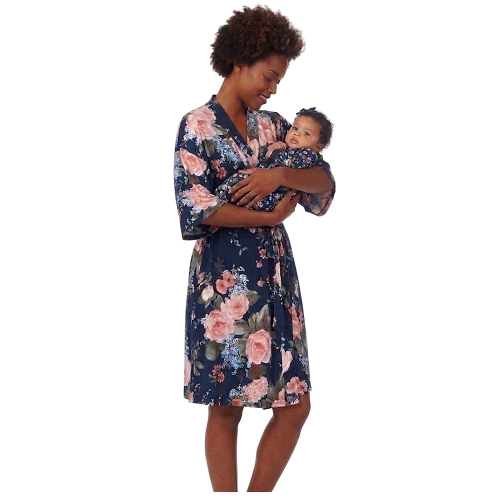 Mommy & Baby Floral Robe Swaddle and Headband Set Navy S/M